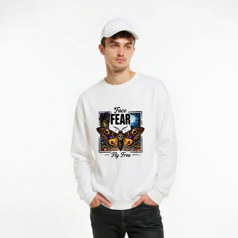 Face Fear Fly Free Unisex Sweatshirt - Gothic Moth Skull Design - Image 10