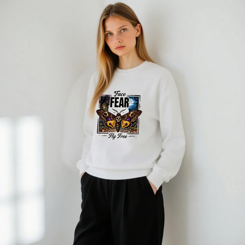Face Fear Fly Free Unisex Sweatshirt - Gothic Moth Skull Design - Image 11