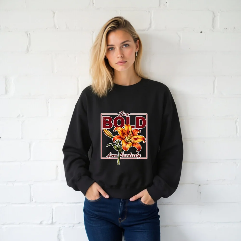 Bold Lily Unisex Crew Neck Sweatshirt - Black Graphic Pullover - Image 2