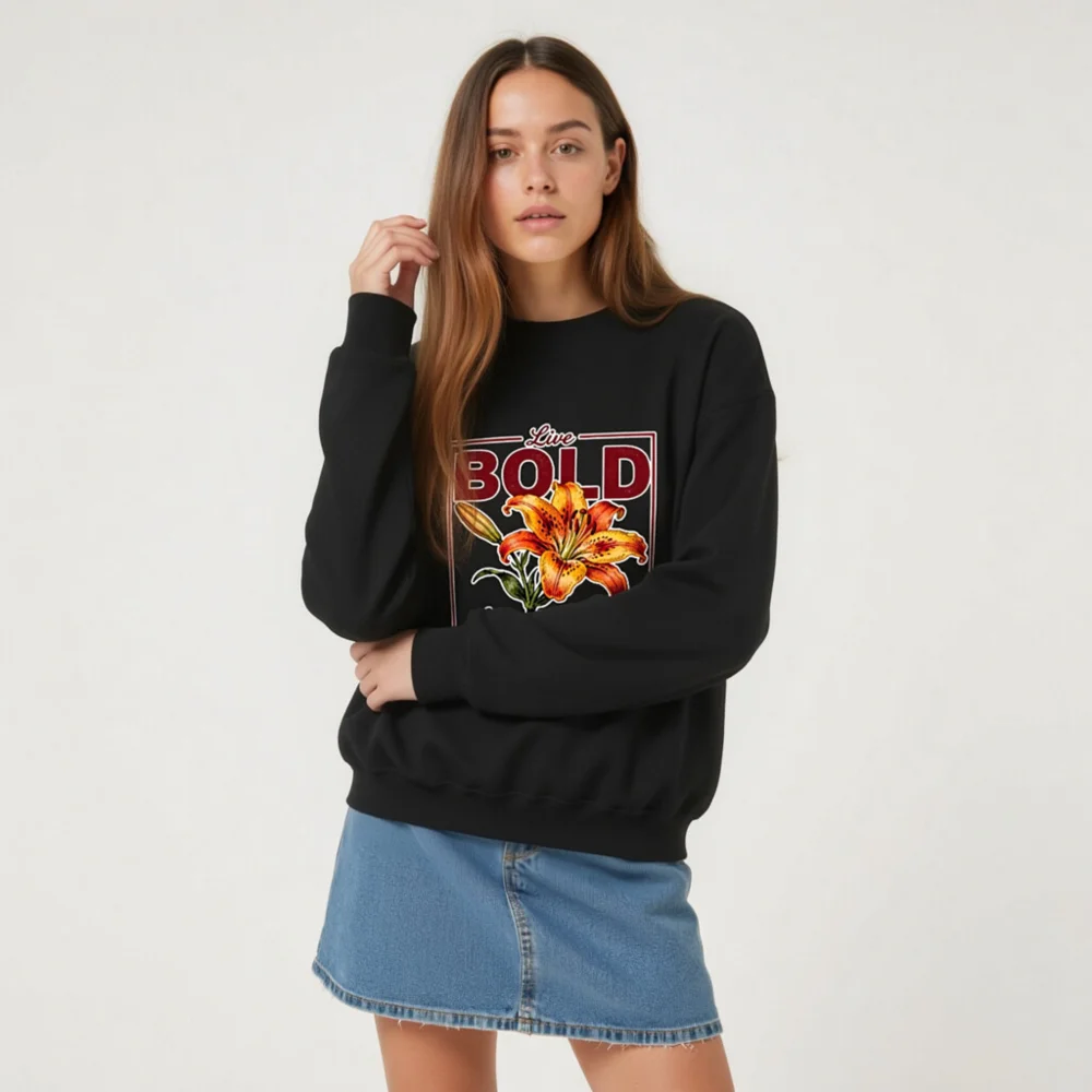 Bold Lily Unisex Crew Neck Sweatshirt - Black Graphic Pullover - Image 7