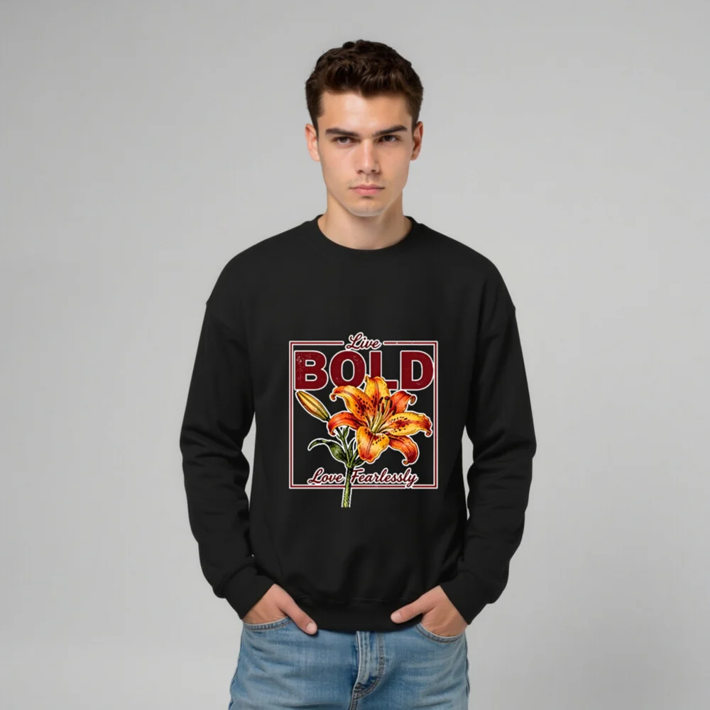 Bold Lily Unisex Crew Neck Sweatshirt - Black Graphic Pullover - Image 9