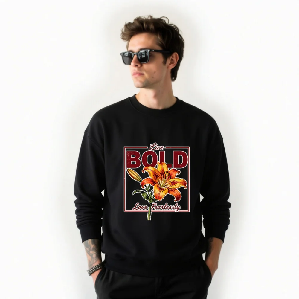 Bold Lily Unisex Crew Neck Sweatshirt - Black Graphic Pullover - Image 10