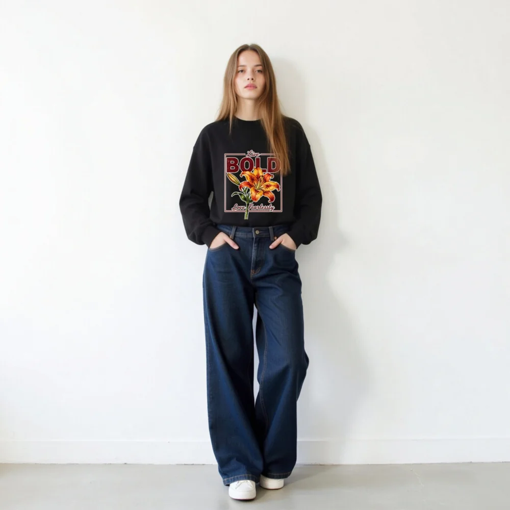 Bold Lily Unisex Crew Neck Sweatshirt - Black Graphic Pullover - Image 11