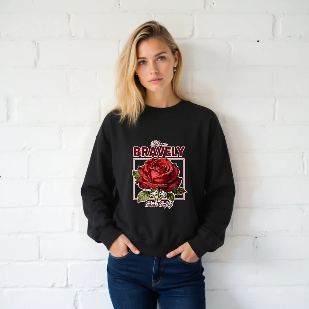 Unisex Crew Neck Sweatshirt - Bloom Bravely Shine Softly Red Rose Design - Image 2