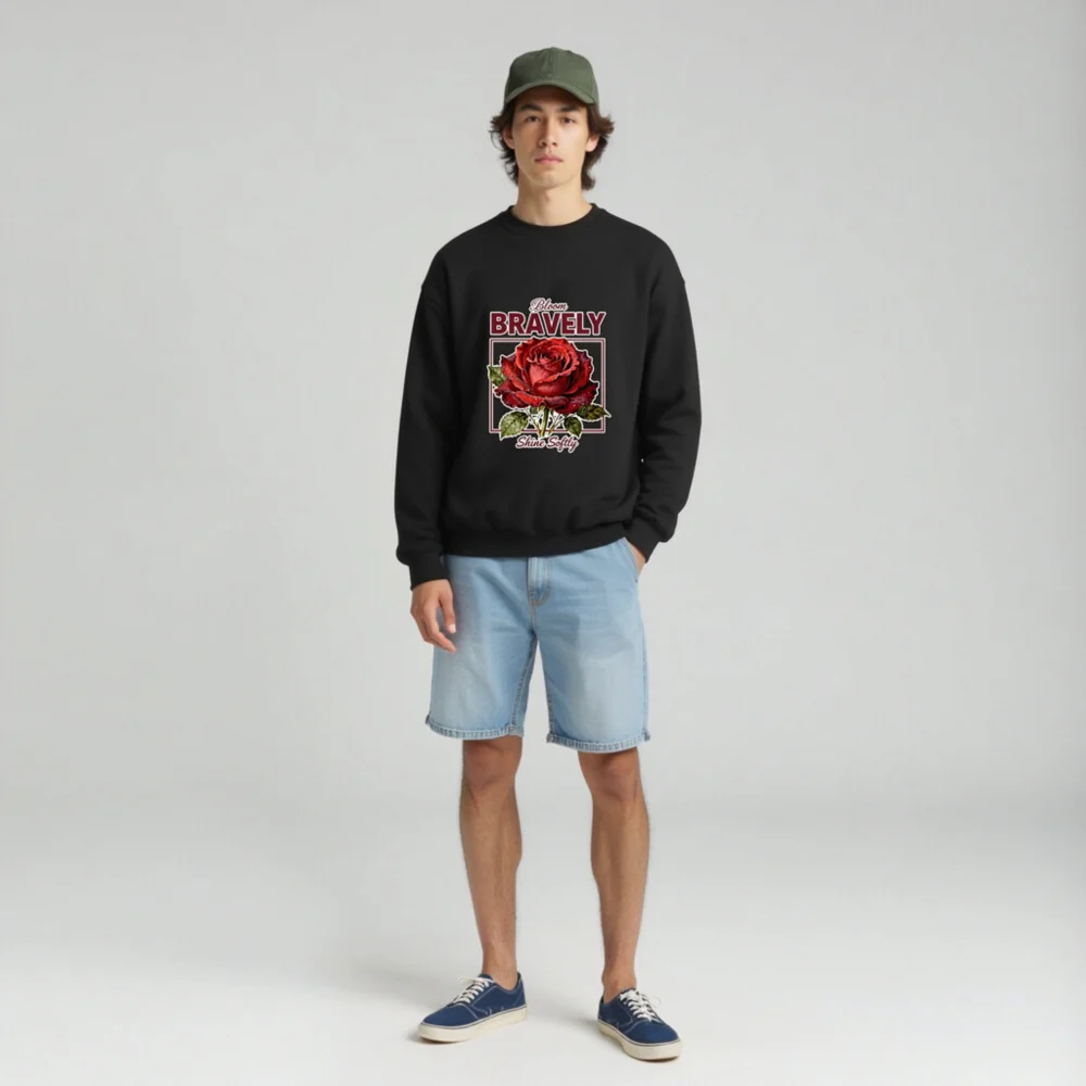 Unisex Crew Neck Sweatshirt - Bloom Bravely Shine Softly Red Rose Design - Image 3