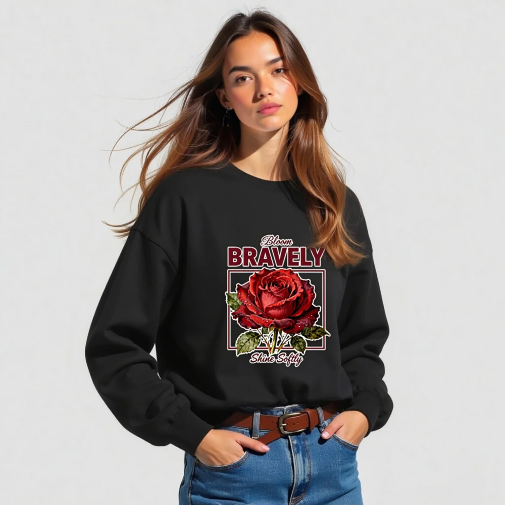 Unisex Crew Neck Sweatshirt - Bloom Bravely Shine Softly Red Rose Design - Image 4