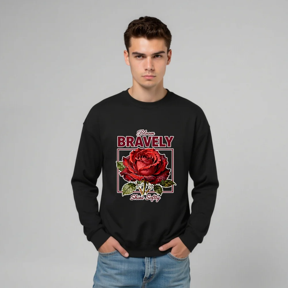 Unisex Crew Neck Sweatshirt - Bloom Bravely Shine Softly Red Rose Design - Image 9