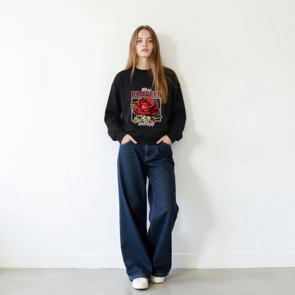 Unisex Crew Neck Sweatshirt - Bloom Bravely Shine Softly Red Rose Design - Image 11