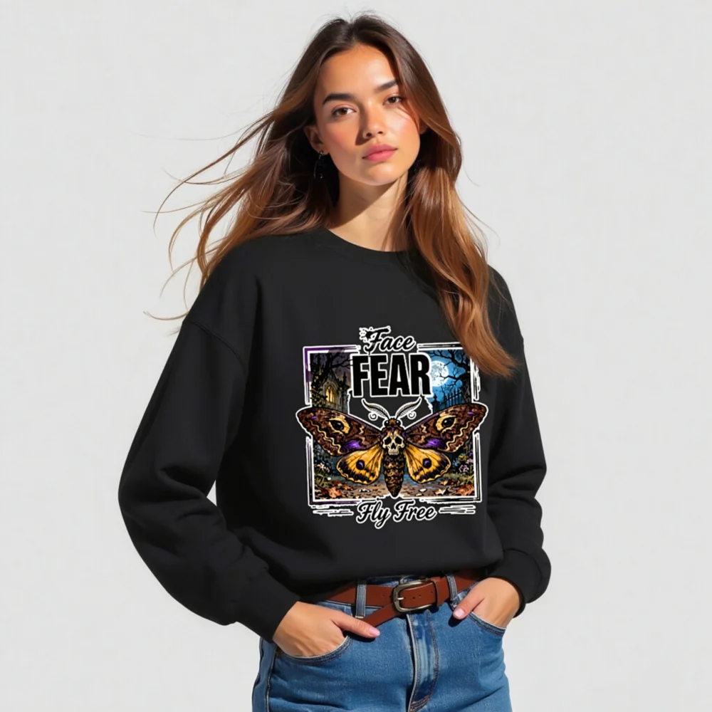 Face Fear Fly Free Unisex Crewneck Sweatshirt - Gothic Moth Design - Image 4