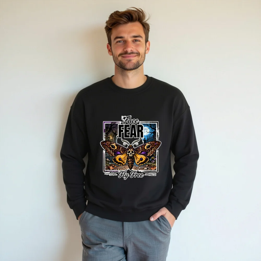 Face Fear Fly Free Unisex Crewneck Sweatshirt - Gothic Moth Design - Image 6