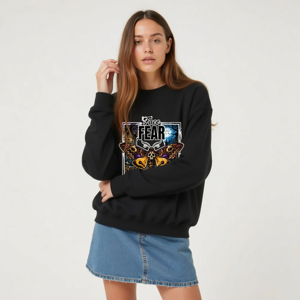 Face Fear Fly Free Unisex Crewneck Sweatshirt - Gothic Moth Design - Image 7