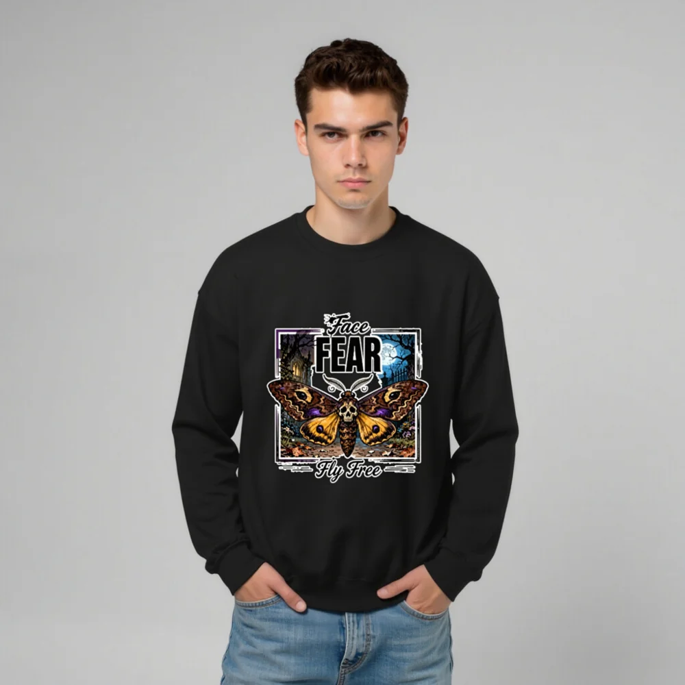Face Fear Fly Free Unisex Crewneck Sweatshirt - Gothic Moth Design - Image 9