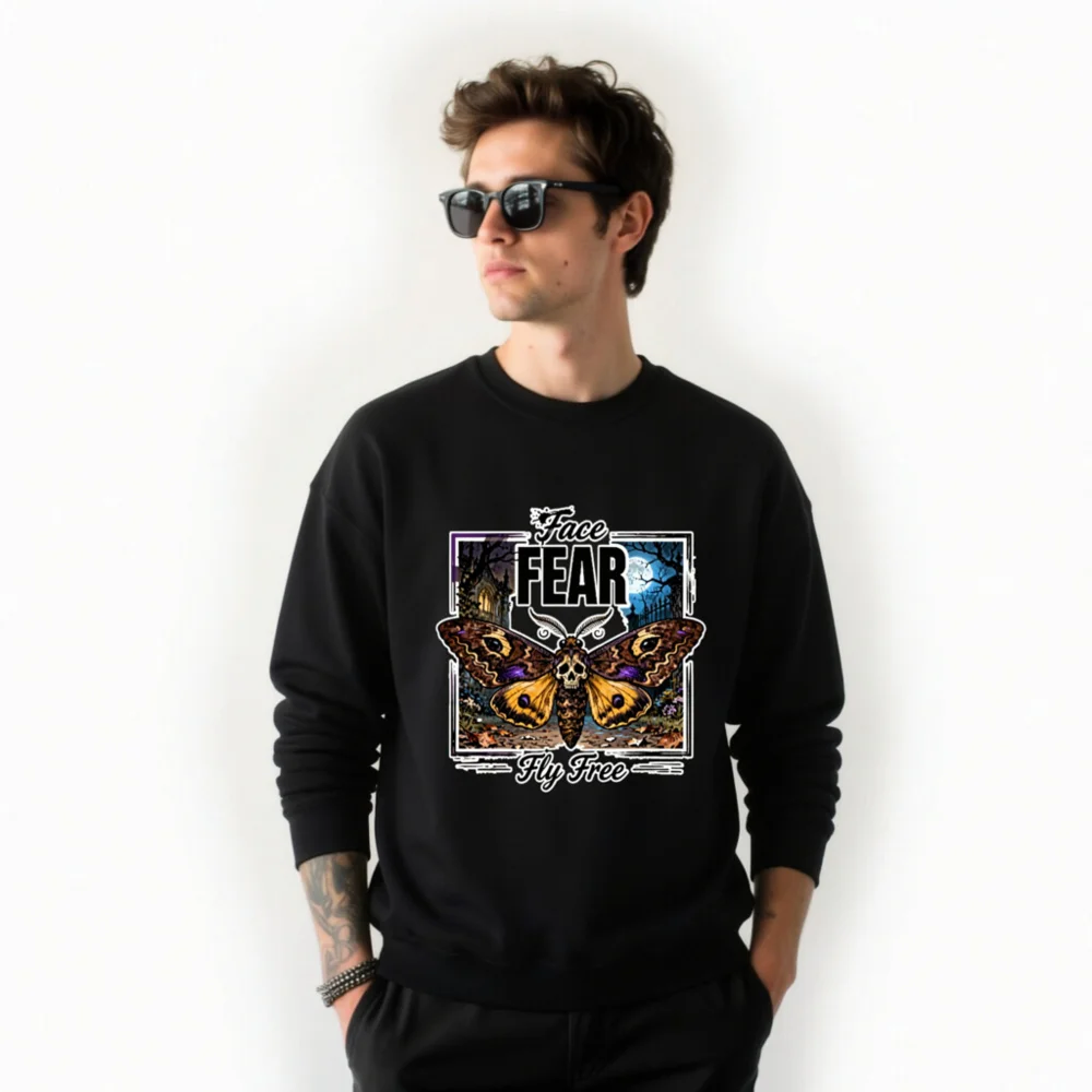Face Fear Fly Free Unisex Crewneck Sweatshirt - Gothic Moth Design - Image 10