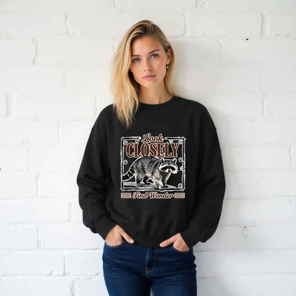 Raccoon Sweatshirt Unisex Crew Neck – Look Closely Find Wonder - Image 2