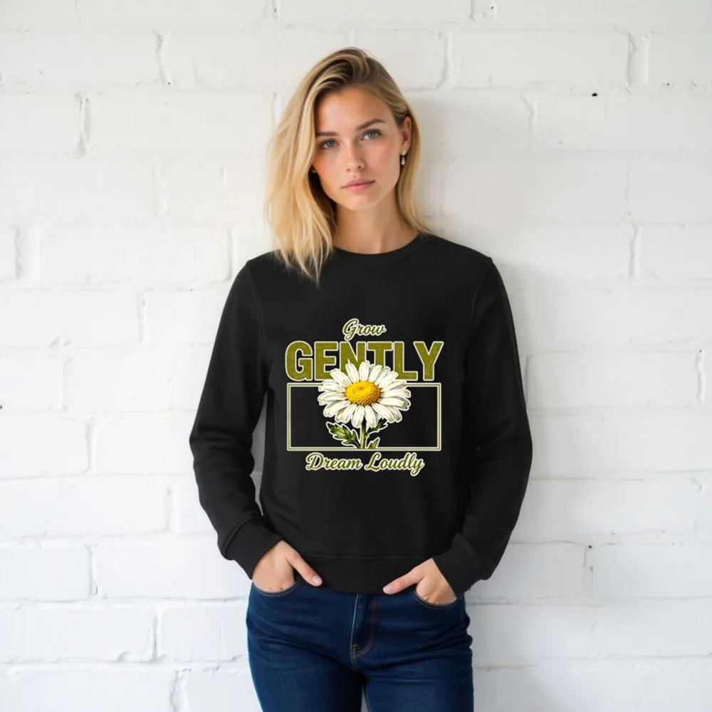Organic Cotton Sweatshirt for Men & Women – 'Grow Gently Dream Loudly' Daisy Print - Image 2