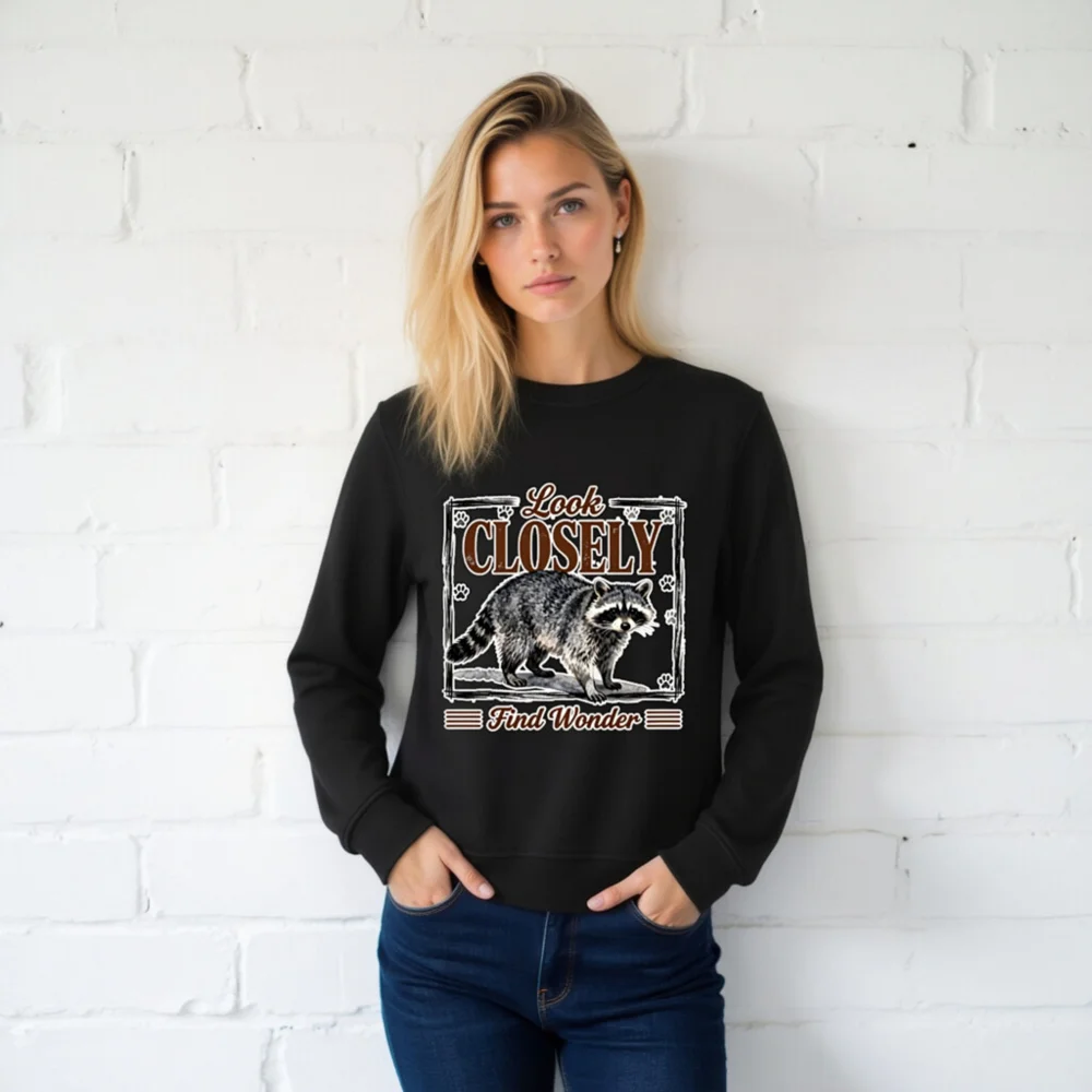 Organic Cotton Unisex Sweatshirt – 'Look Closely Find Wonder' Raccoon Graphic - Image 2