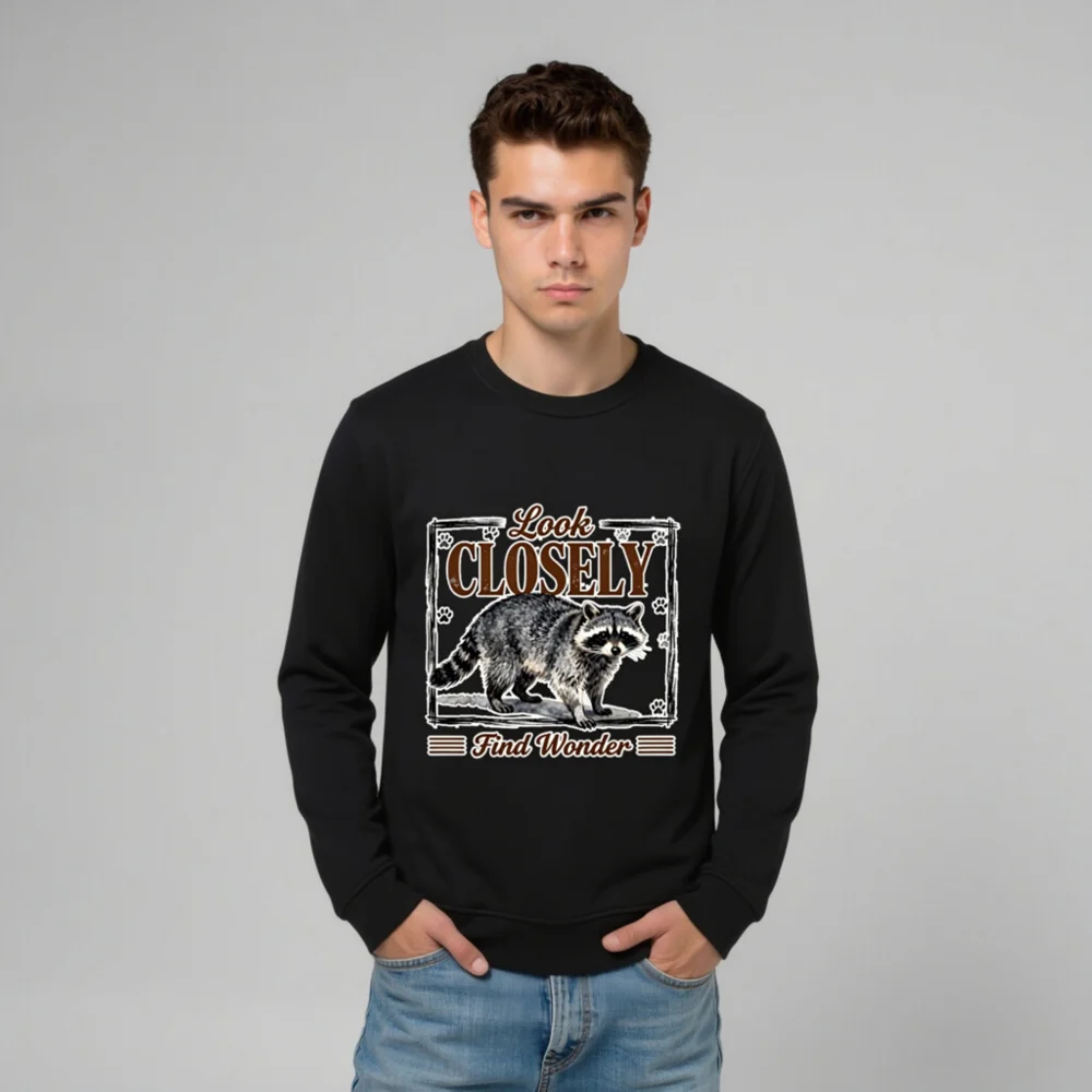 Organic Cotton Unisex Sweatshirt – 'Look Closely Find Wonder' Raccoon Graphic - Image 8