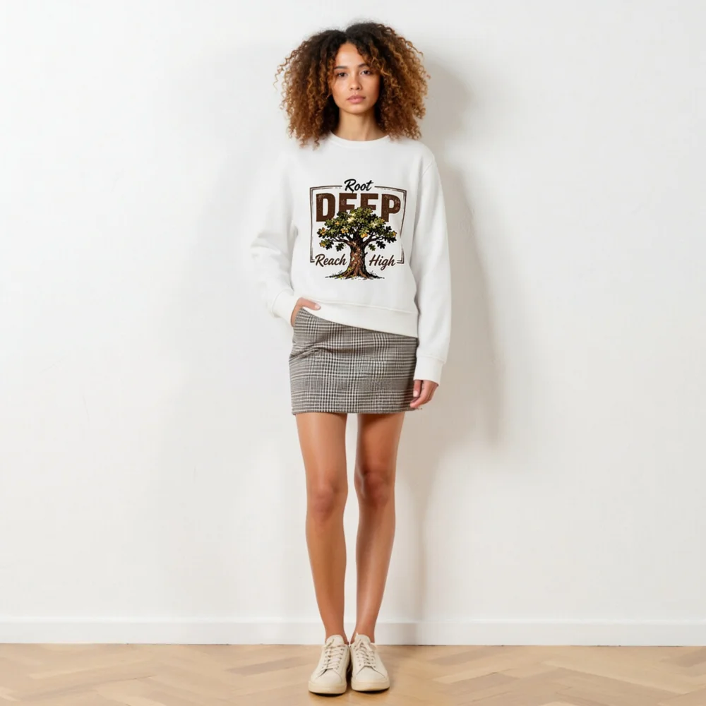 Organic Cotton Unisex Sweatshirt – Root Deep Reach High Tree Graphic - Image 5