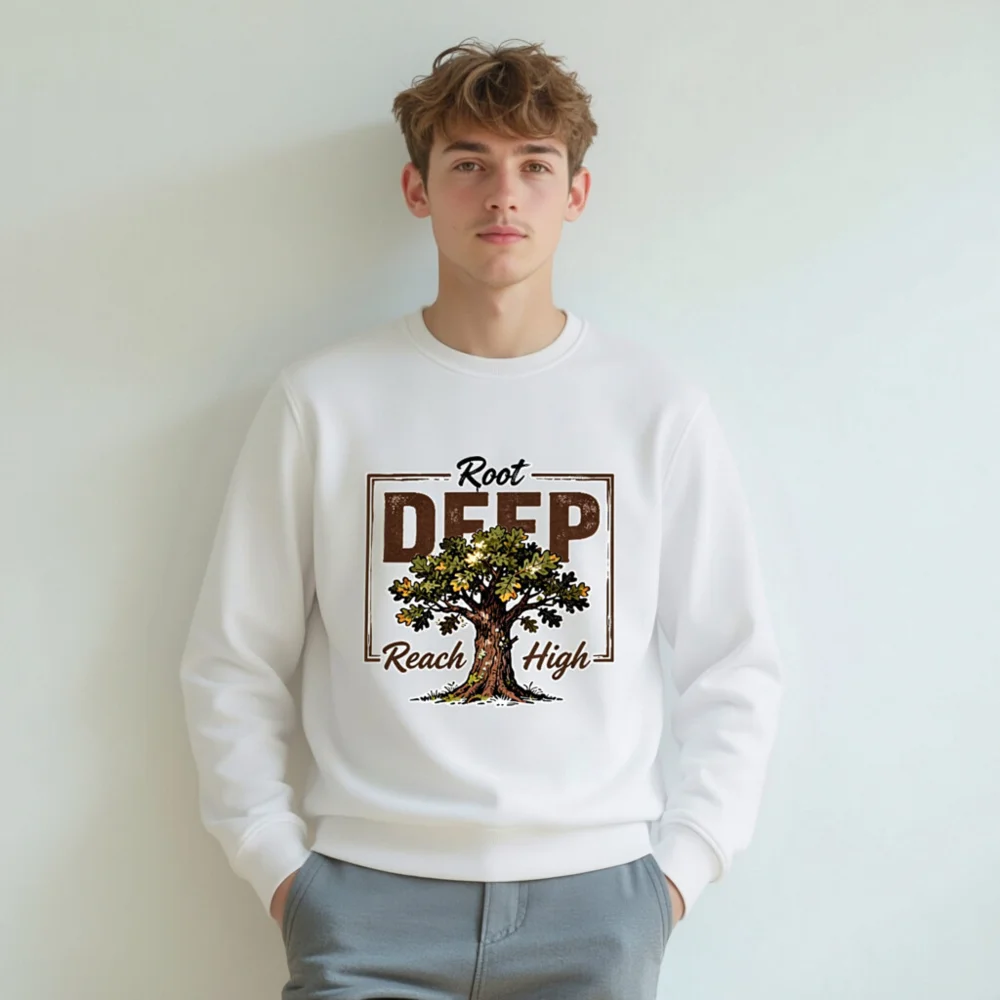 Organic Cotton Unisex Sweatshirt – Root Deep Reach High Tree Graphic - Image 6