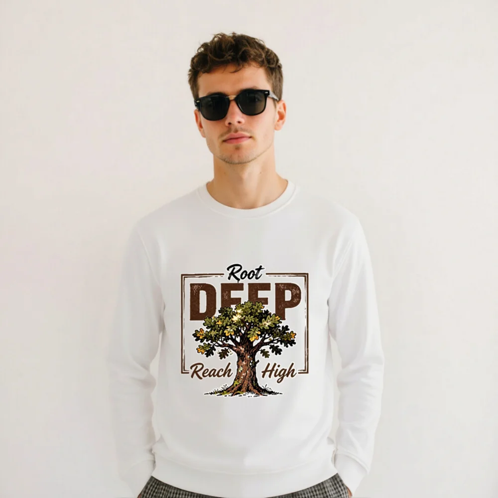 Organic Cotton Unisex Sweatshirt – Root Deep Reach High Tree Graphic - Image 9