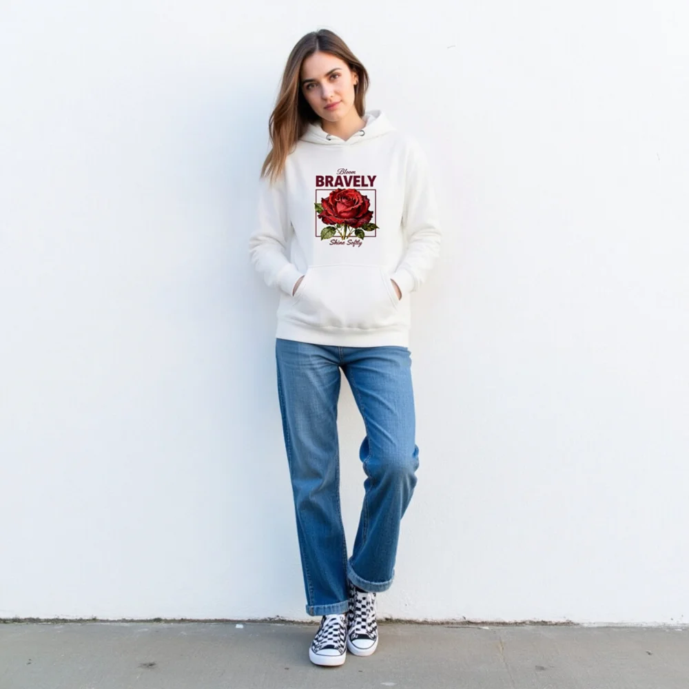 Unisex Premium Pullover Hoodie - Bloom Bravely Rose Design, Shine Softly - Image 3