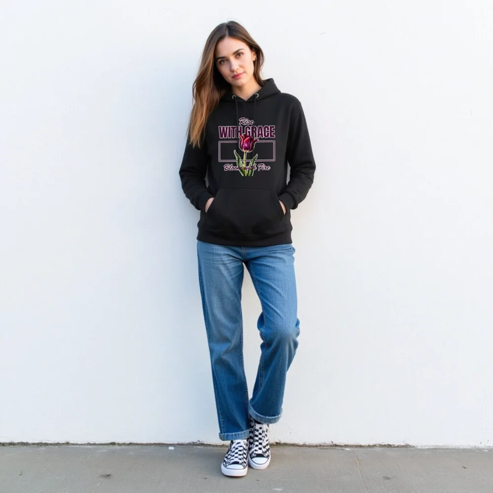Unisex Premium Hoodie – Rise With Grace Bloom with Fire Design - Image 3