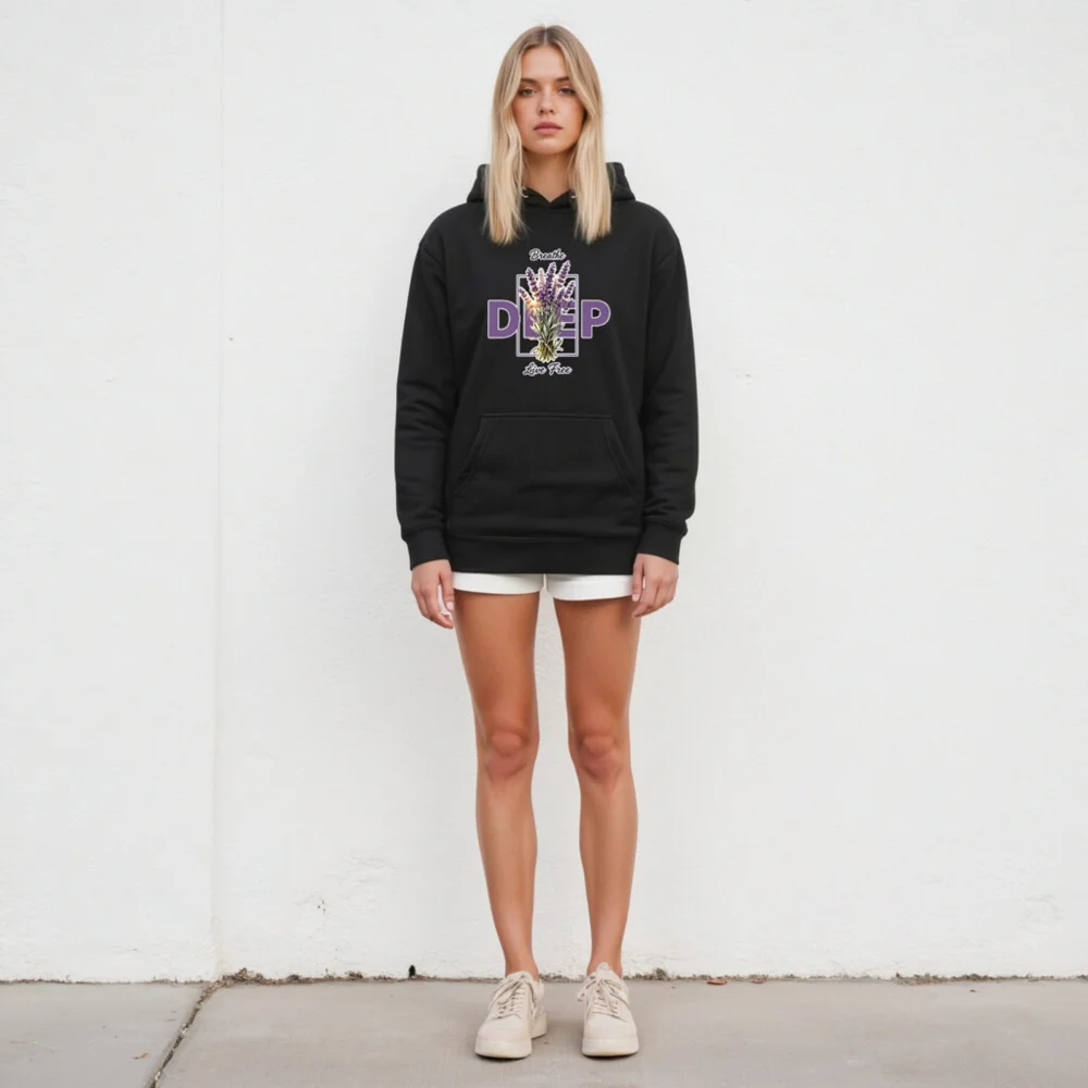 Unisex Premium Pullover Hoodie – Breathe Deep Live Free Lavender Design - Image 4