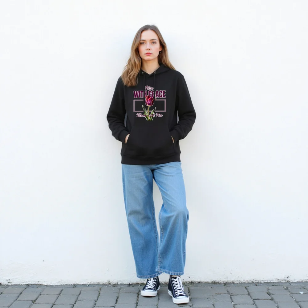 Rise With Grace Hoodie – Unisex Eco-Friendly Pullover with Tulip Design - Image 3