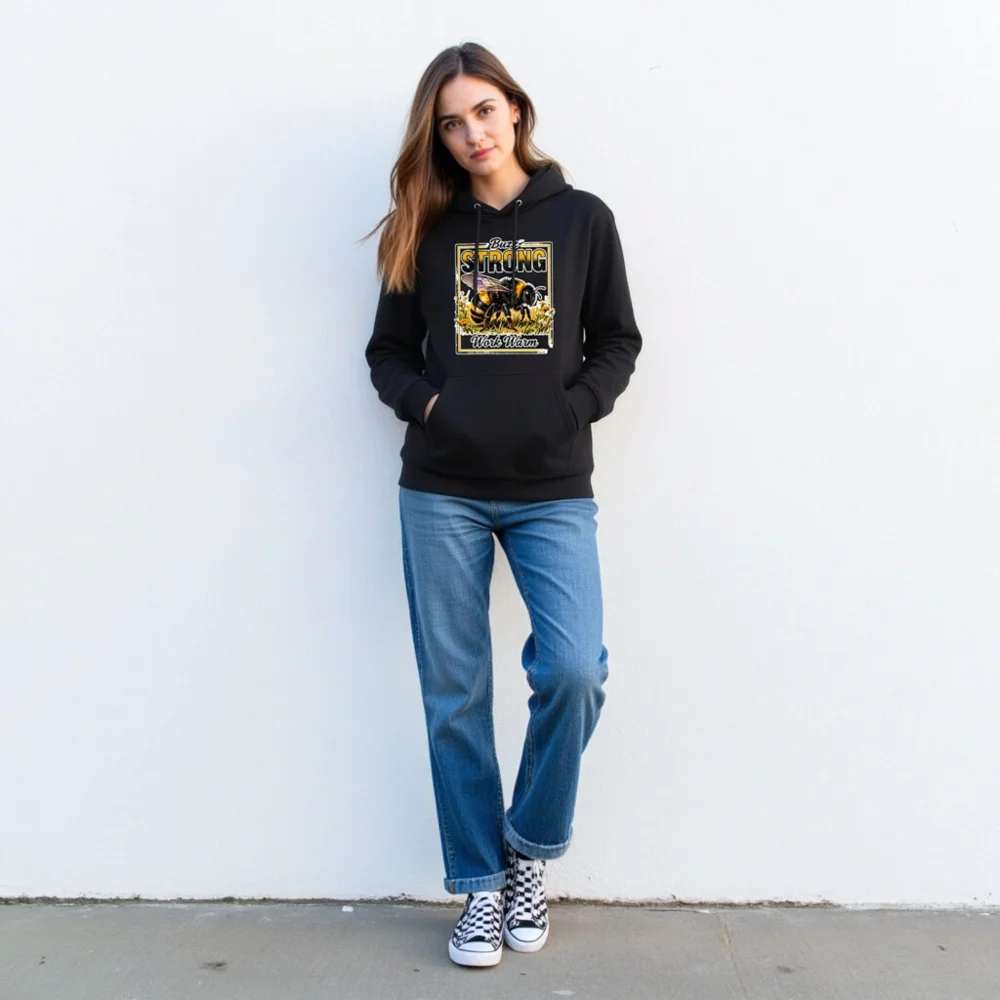Buzz Strong Unisex Eco Hoodie | Work Warm Bee Design - Image 2