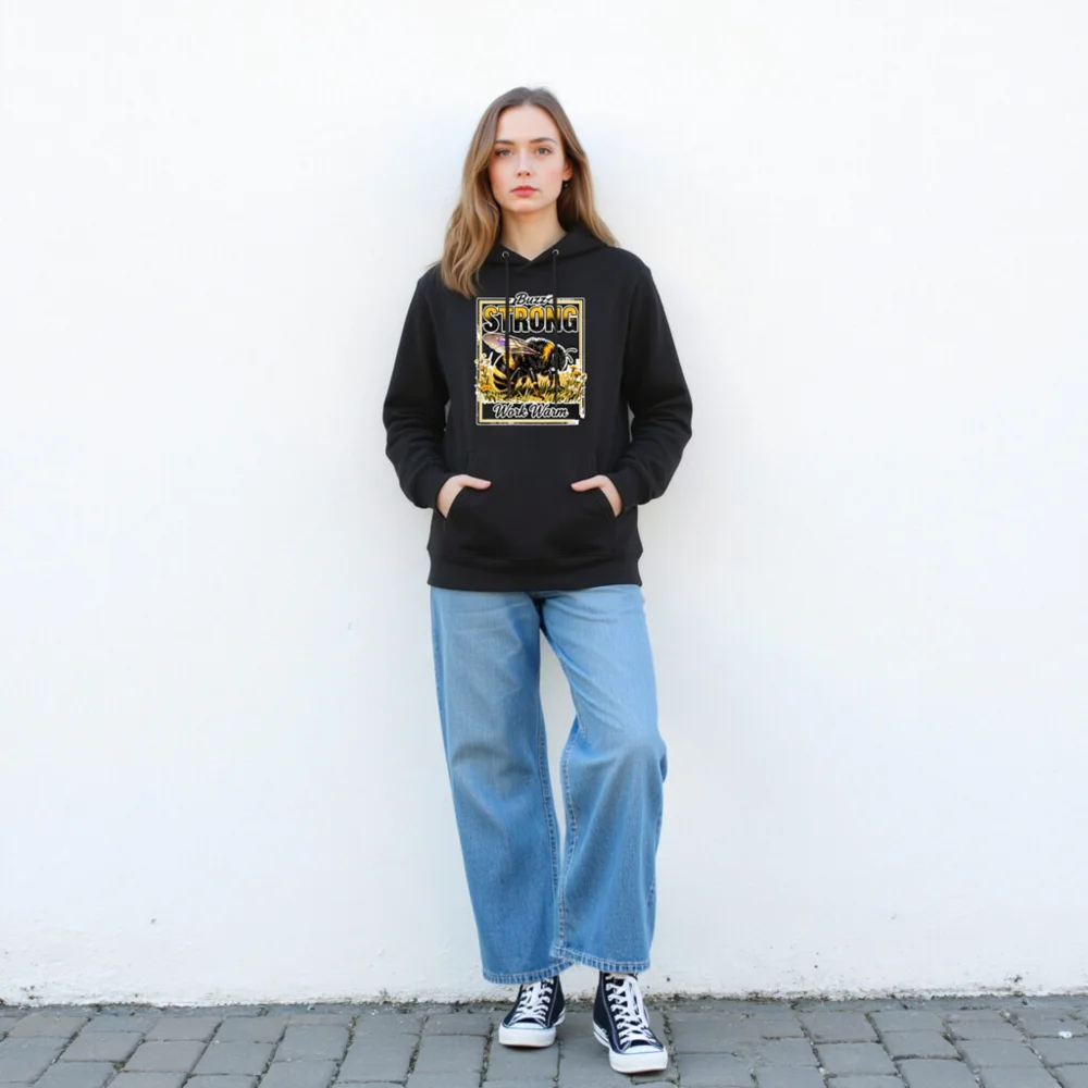 Buzz Strong Unisex Eco Hoodie | Work Warm Bee Design - Image 3
