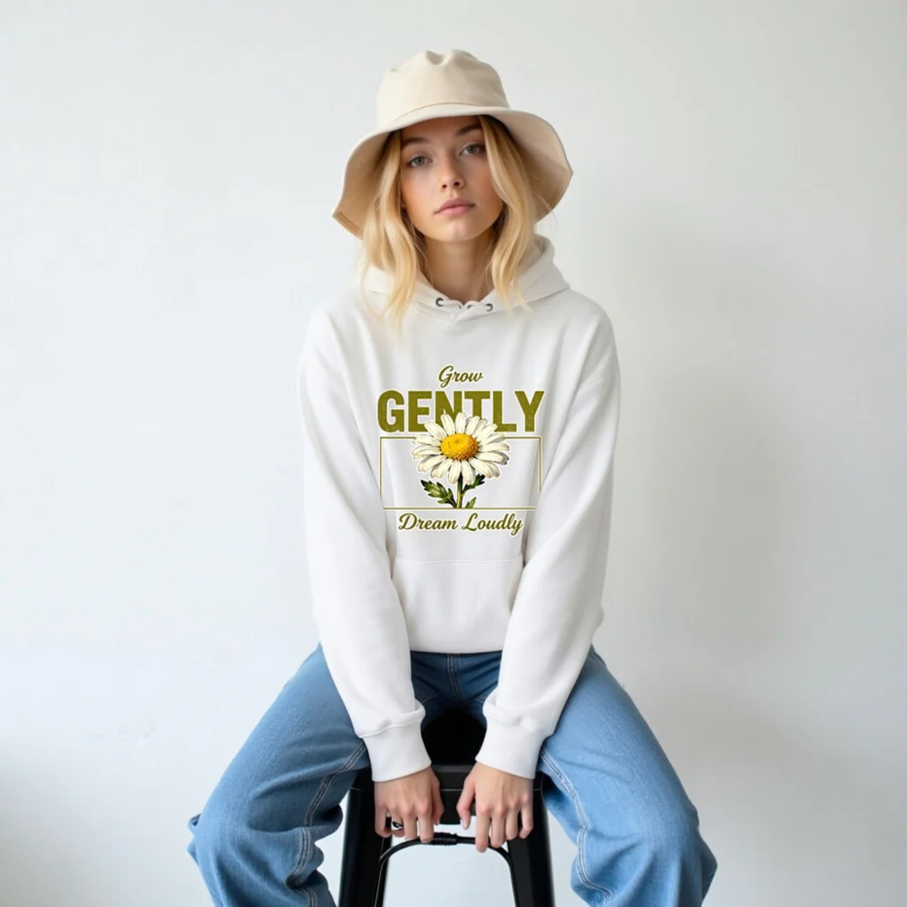 Unisex Eco Hoodie with 'Grow Gently Dream Loudly' Daisy Print - Image 5
