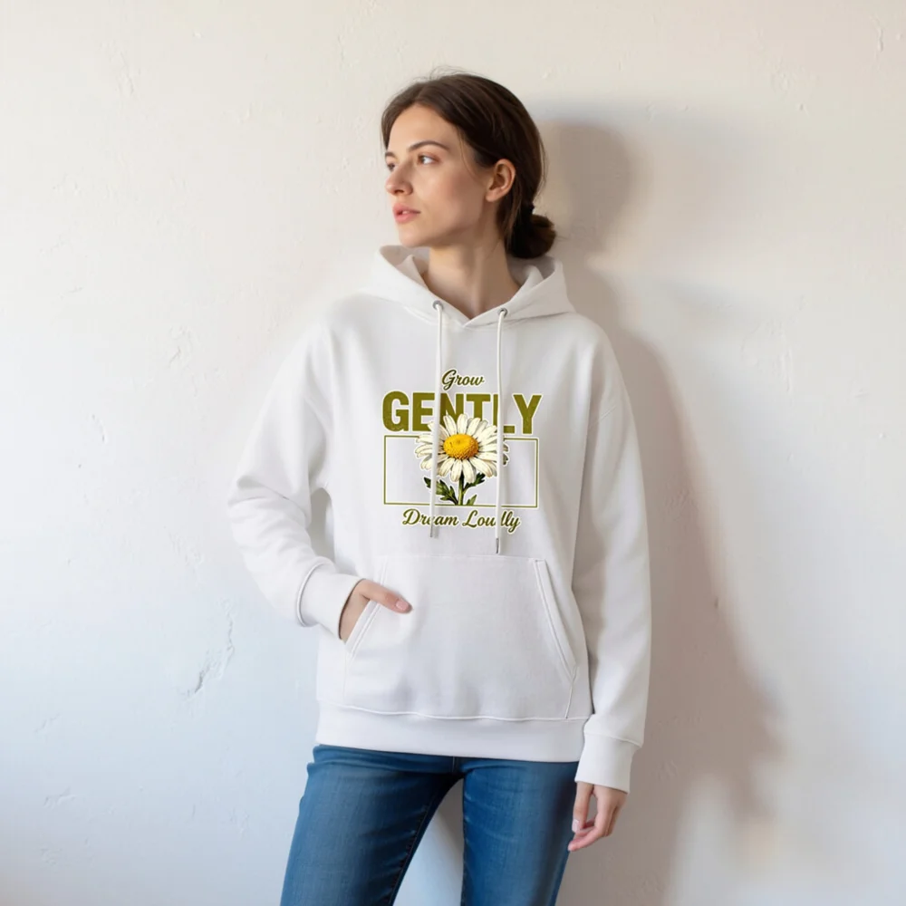 Unisex Eco Hoodie with 'Grow Gently Dream Loudly' Daisy Print - Image 6