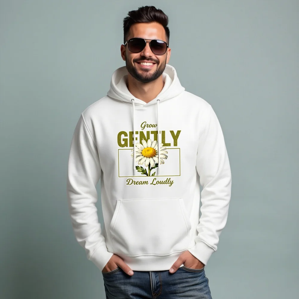 Unisex Eco Hoodie with 'Grow Gently Dream Loudly' Daisy Print - Image 7