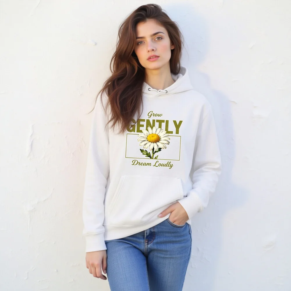 Unisex Eco Hoodie with 'Grow Gently Dream Loudly' Daisy Print - Image 10
