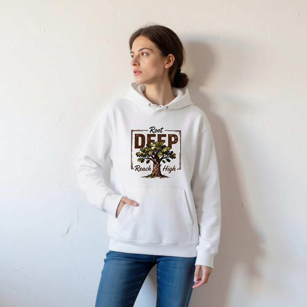 Unisex Eco Hoodie with 'Root Deep, Reach High' Tree Design - Image 6