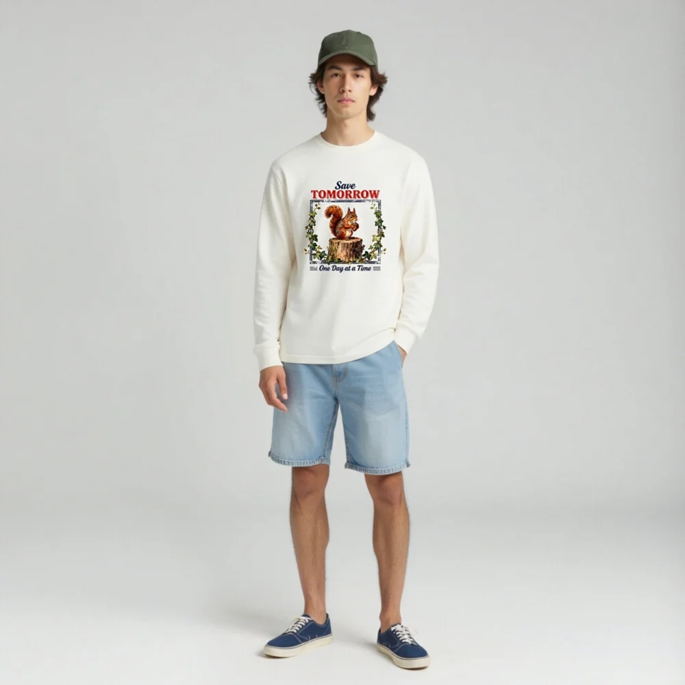 Save Tomorrow Squirrel Long Sleeve Tee - Unisex Eco Motto Shirt - Image 3