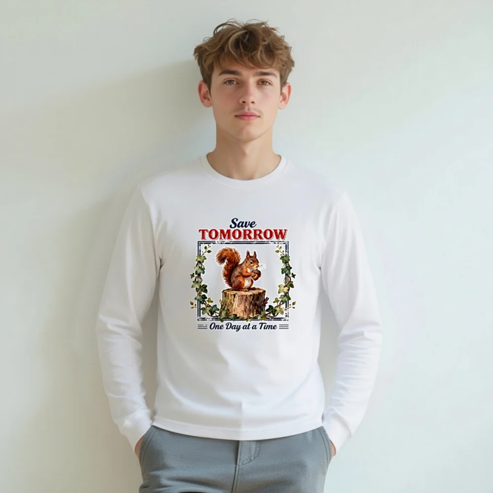 Save Tomorrow Squirrel Long Sleeve Tee - Unisex Eco Motto Shirt - Image 6