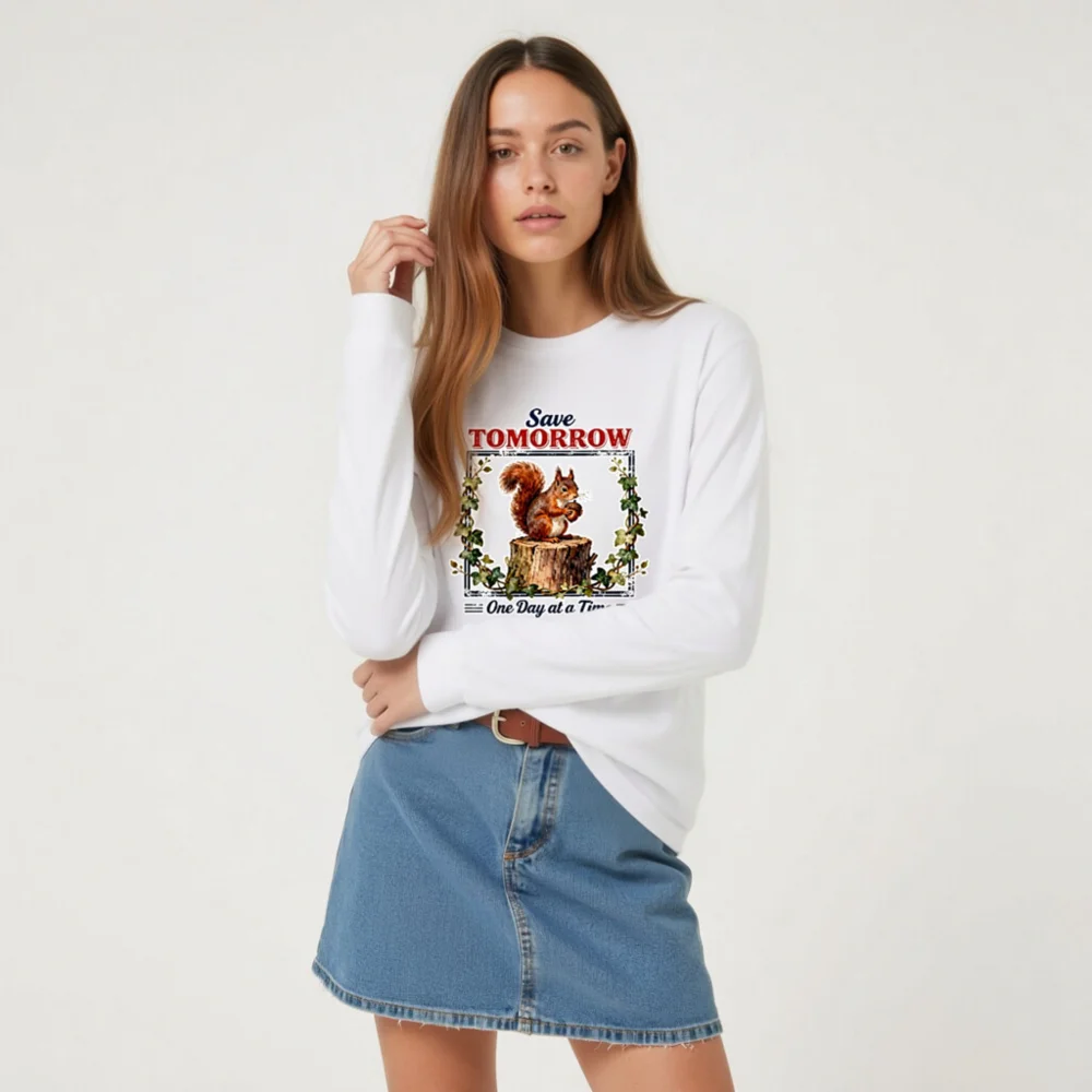 Save Tomorrow Squirrel Long Sleeve Tee - Unisex Eco Motto Shirt - Image 7