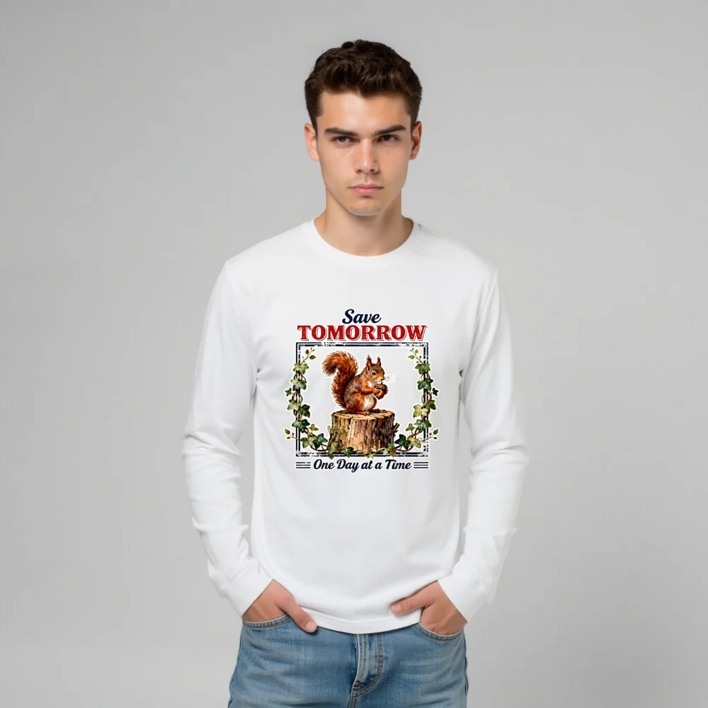 Save Tomorrow Squirrel Long Sleeve Tee - Unisex Eco Motto Shirt - Image 9