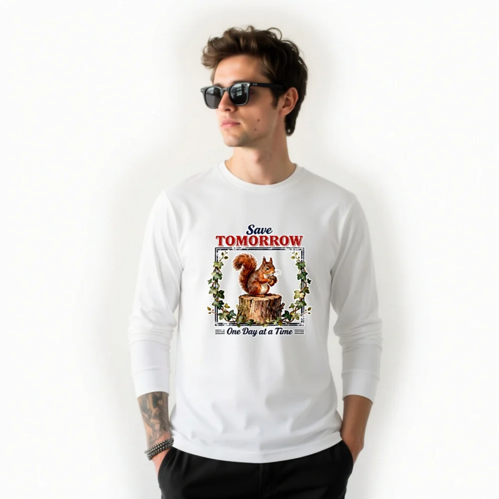 Save Tomorrow Squirrel Long Sleeve Tee - Unisex Eco Motto Shirt - Image 10