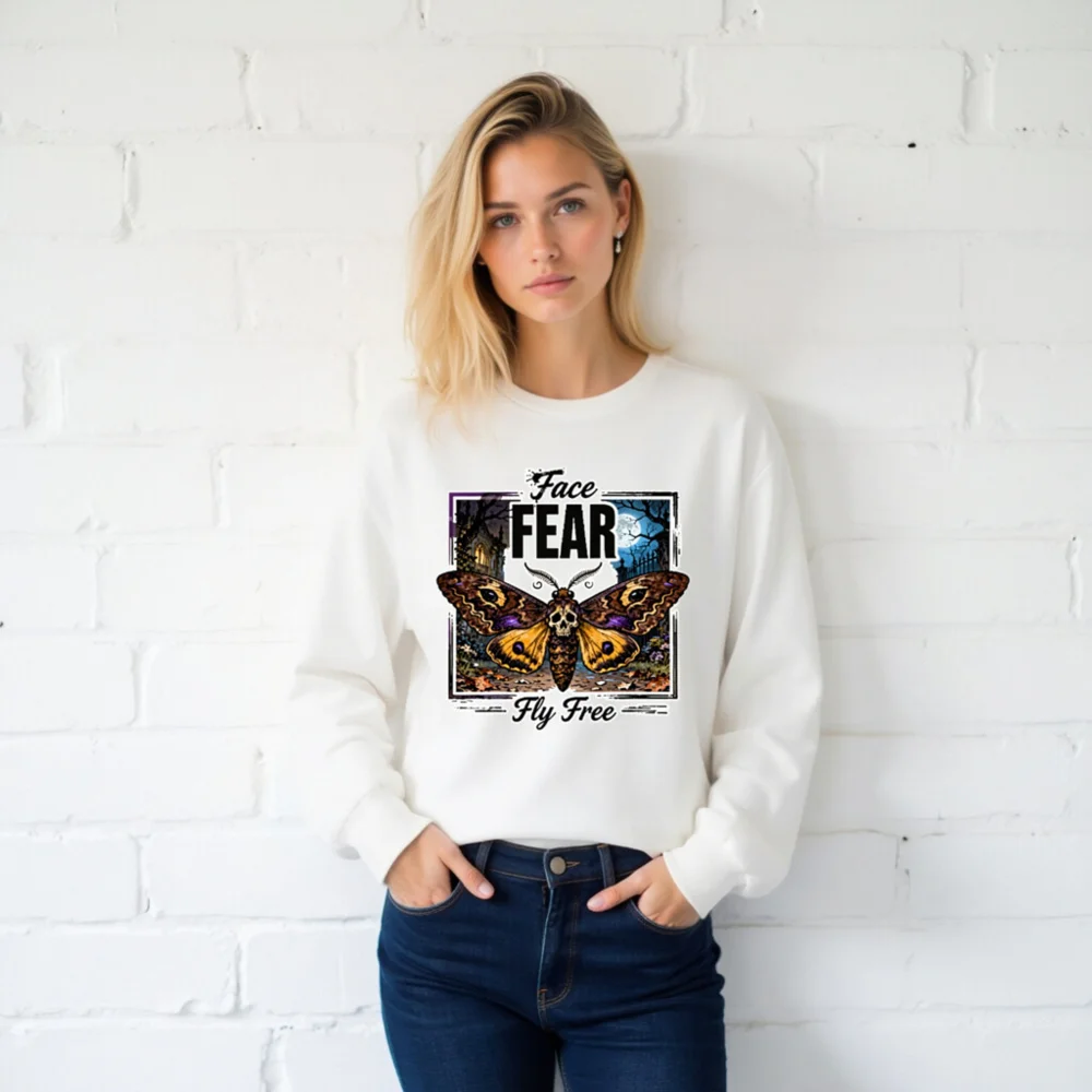 Face Fear Fly Free Moth Long Sleeve Tee - Unisex Halloween Graphic Shirt - Image 2