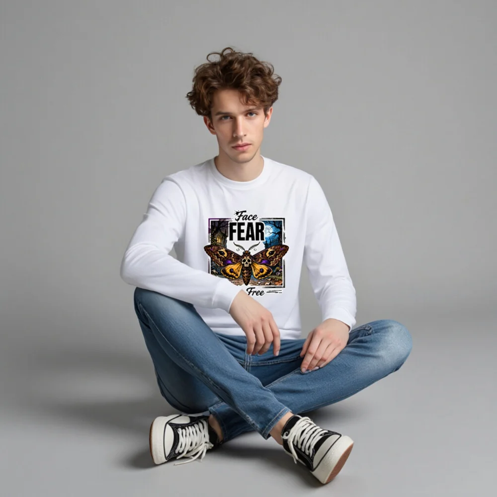 Face Fear Fly Free Moth Long Sleeve Tee - Unisex Halloween Graphic Shirt - Image 4