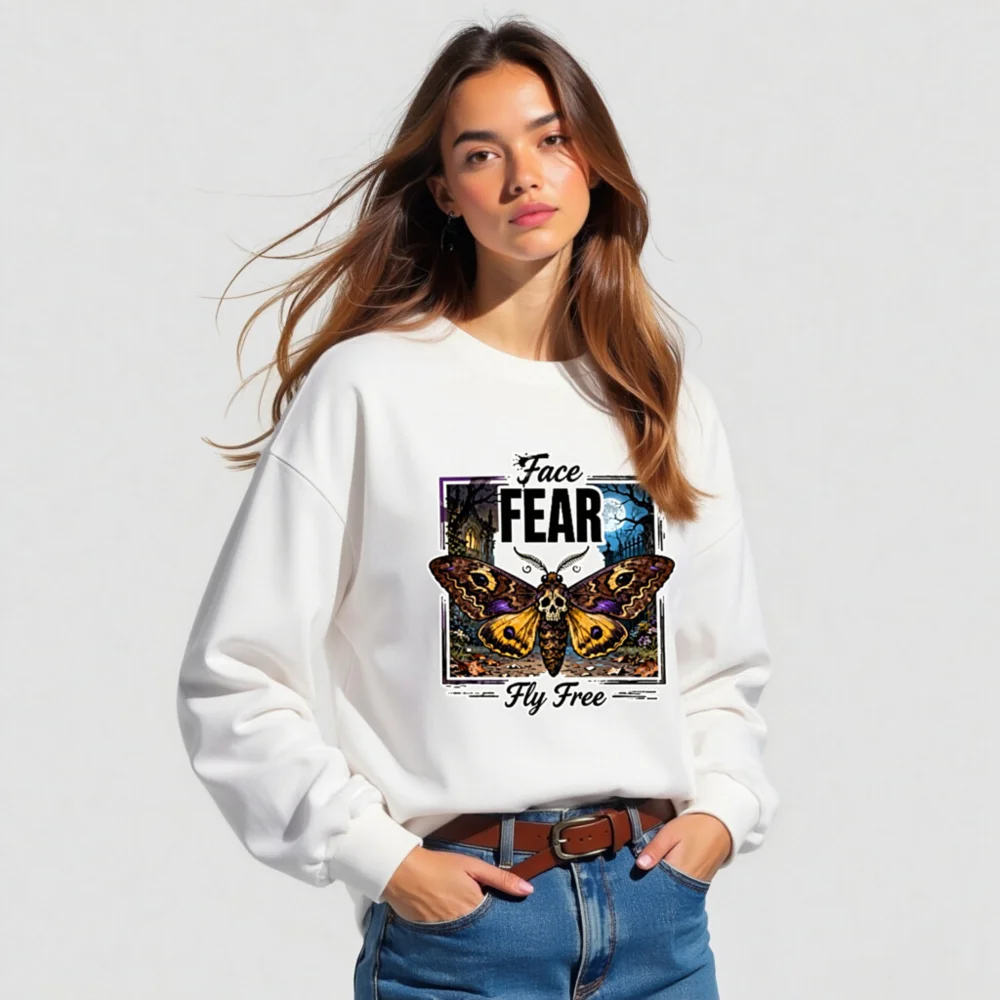 Face Fear Fly Free Moth Long Sleeve Tee - Unisex Halloween Graphic Shirt - Image 5