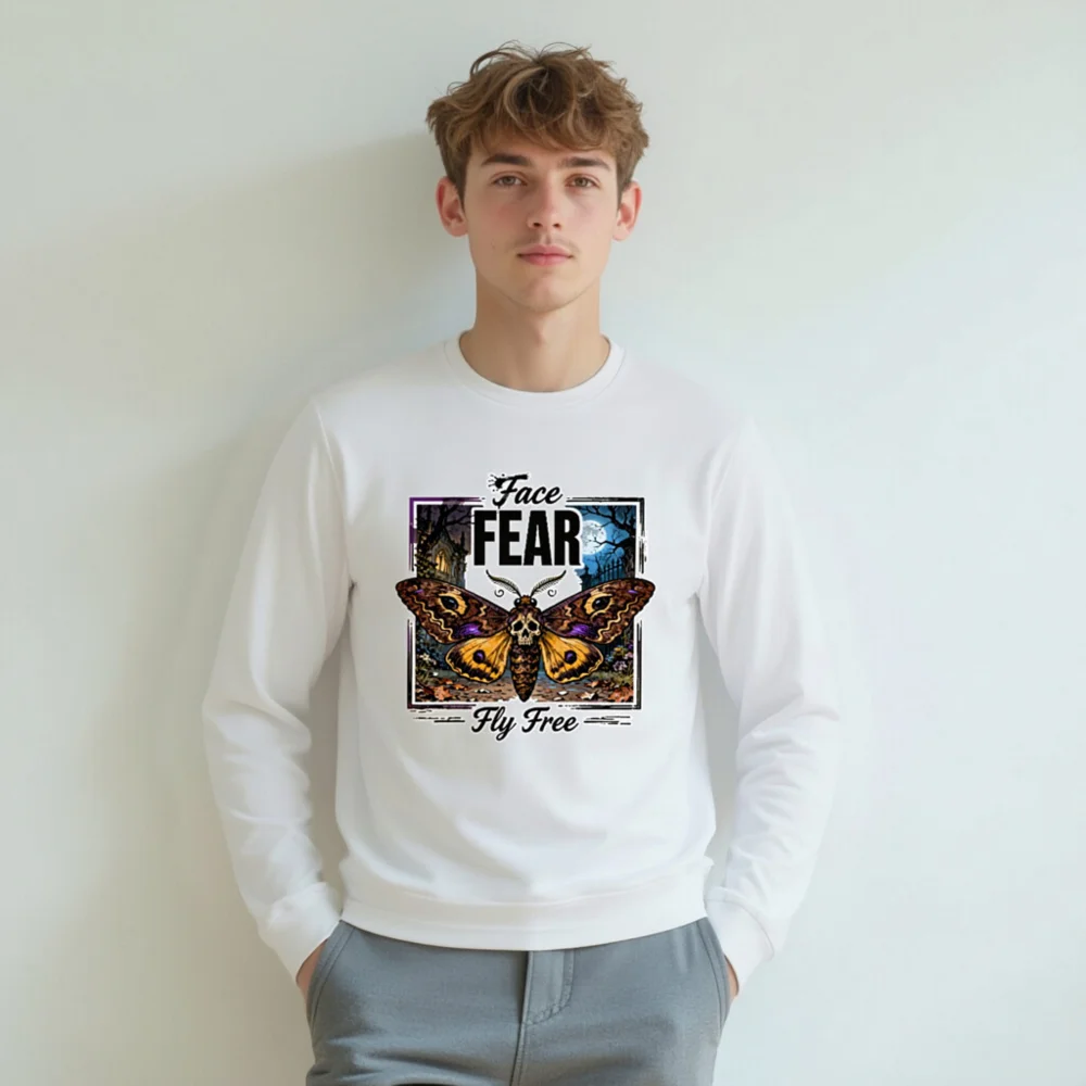 Face Fear Fly Free Moth Long Sleeve Tee - Unisex Halloween Graphic Shirt - Image 6