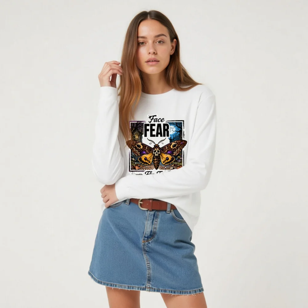 Face Fear Fly Free Moth Long Sleeve Tee - Unisex Halloween Graphic Shirt - Image 7