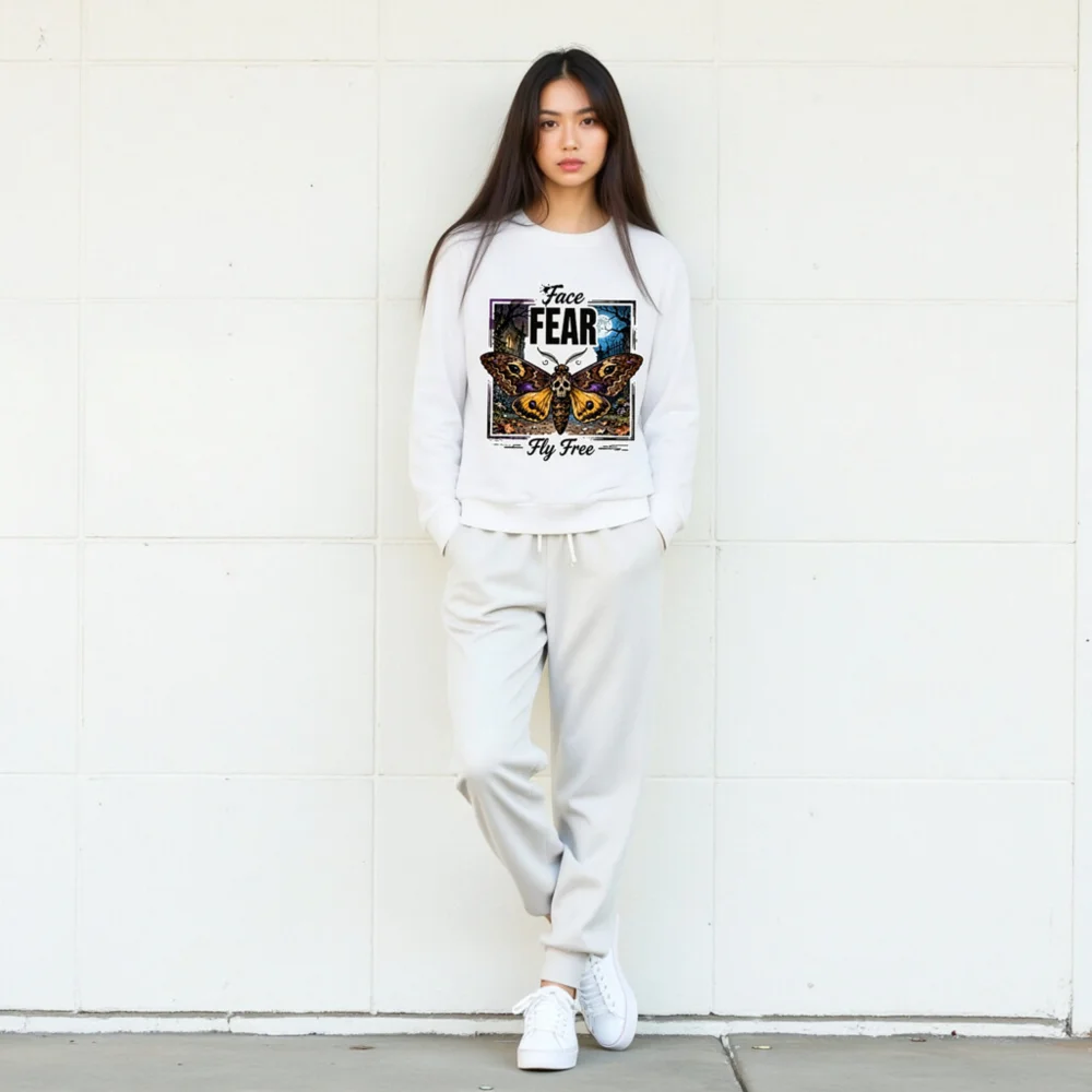 Face Fear Fly Free Moth Long Sleeve Tee - Unisex Halloween Graphic Shirt - Image 8