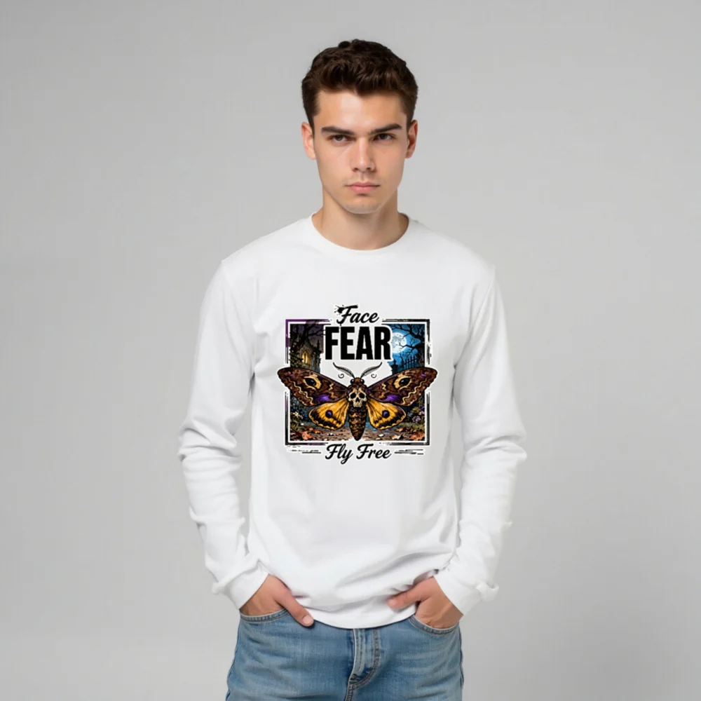 Face Fear Fly Free Moth Long Sleeve Tee - Unisex Halloween Graphic Shirt - Image 9