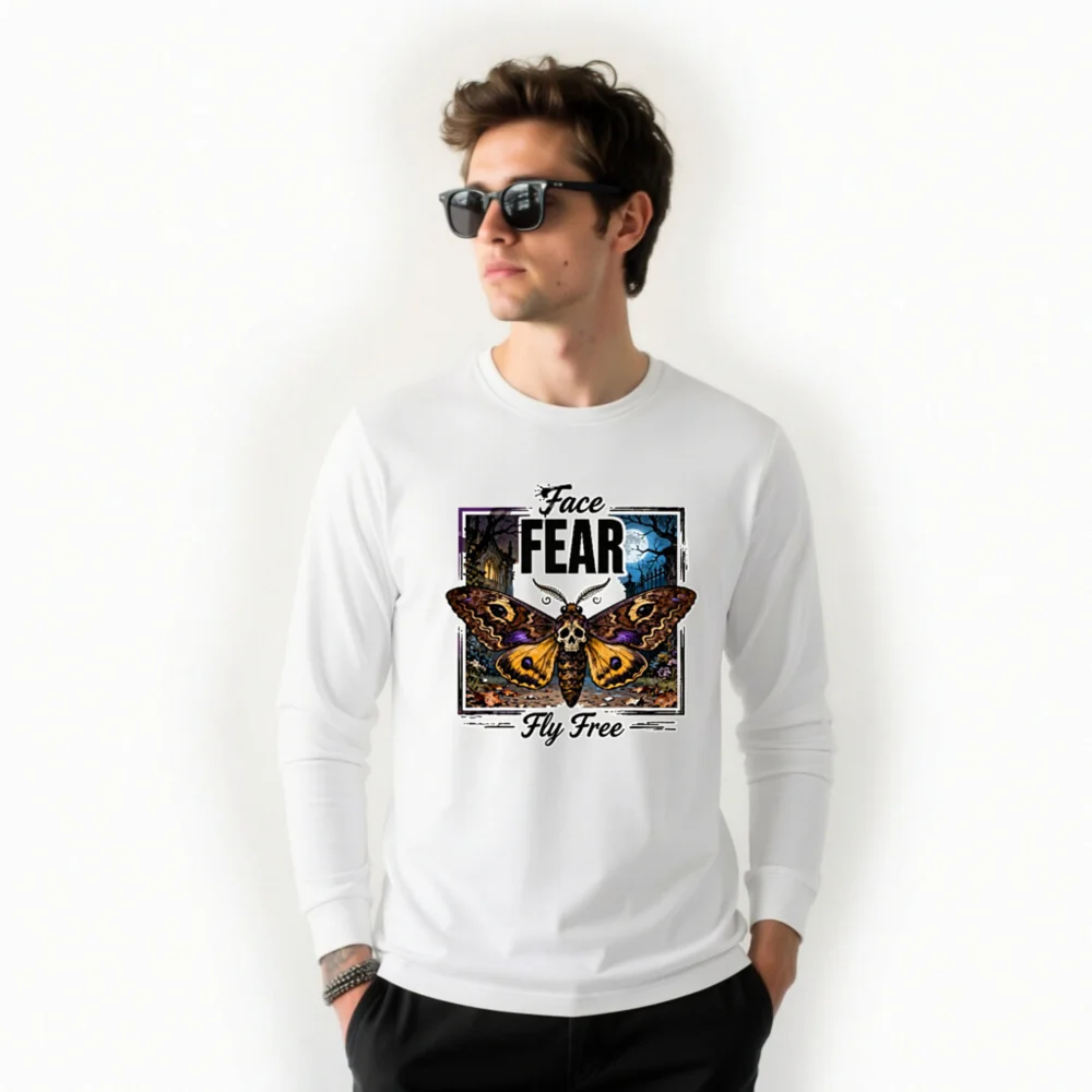 Face Fear Fly Free Moth Long Sleeve Tee - Unisex Halloween Graphic Shirt - Image 10