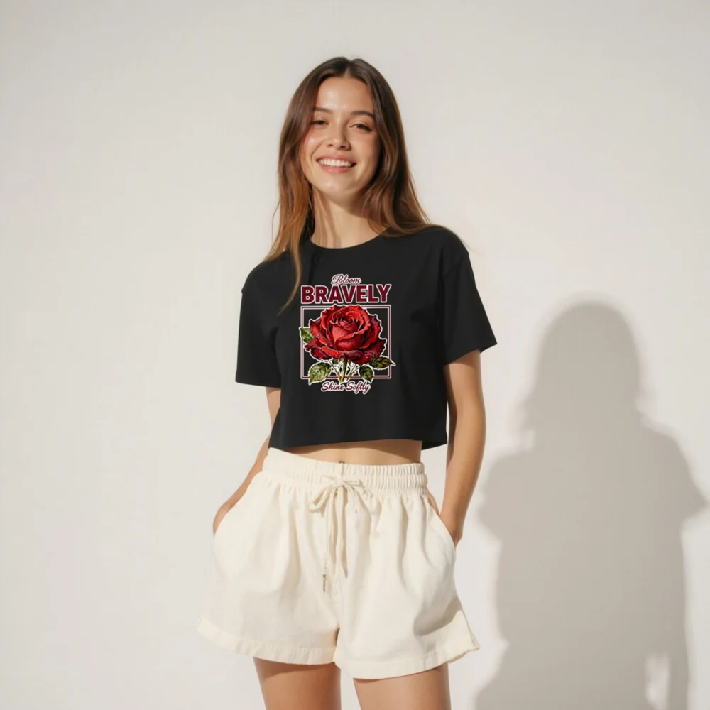 Women's Crop Top with 'Bloom Bravely' Rose Graphic - Soft Cotton - Image 4