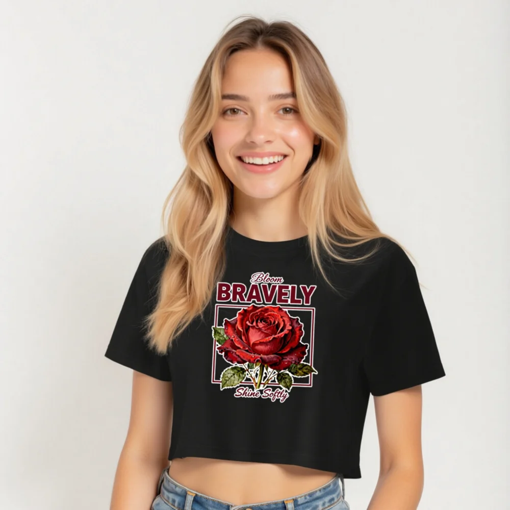 Women's Crop Top with 'Bloom Bravely' Rose Graphic - Soft Cotton - Image 5